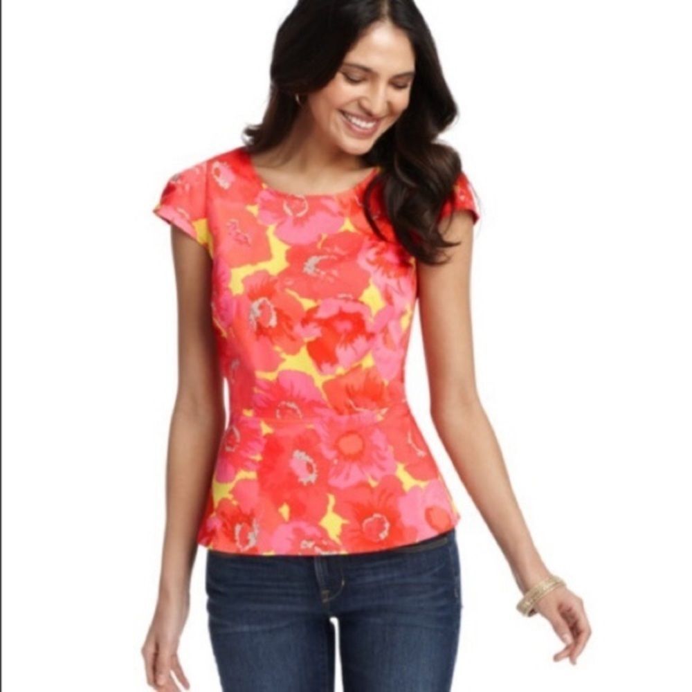 NWT LOFT floral bright red, pink and yellow top BLOUSE Size 4